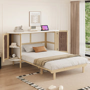 OKWISH Letto a scomparsa 140×200 cm, Letto Matrimoniale con Contenimento, Mensole e Design in Rattan, senza Materasso, in Legno, Naturale