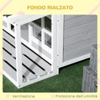 Cuccia per Cani da Esterno in Legno e PVC con Portico e Finestre, 126x118x105cm, Grigio