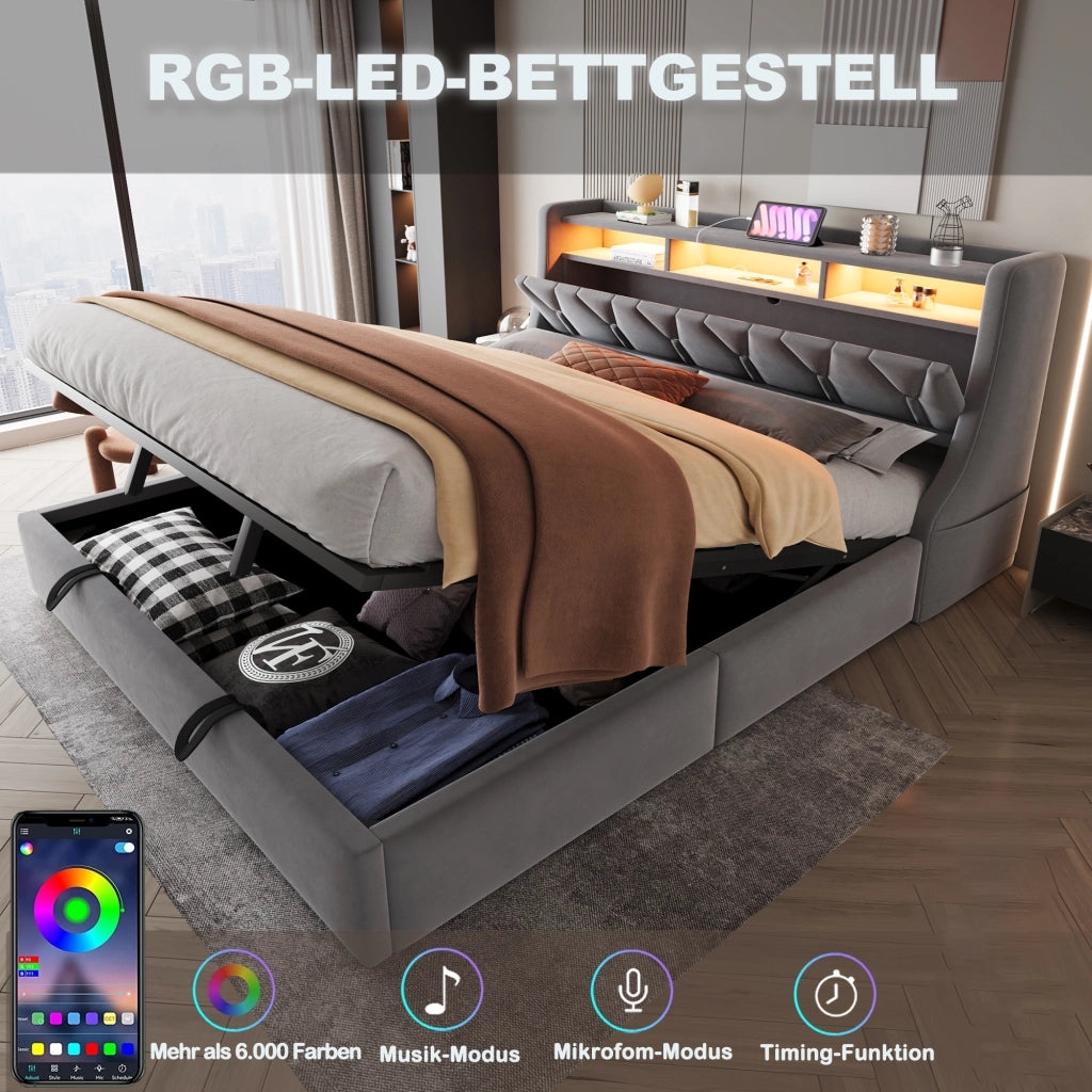 LETTO Contenitore 180x200 cm in velluto grigio con testiera LED