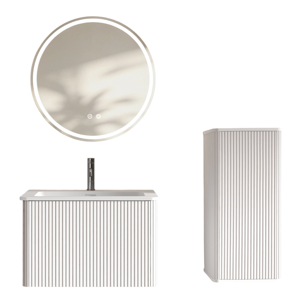 Mobile bagno con specchio LED e colonna sospesa con lavabo e spazio contenitore per bagno finitura bianco opaco
