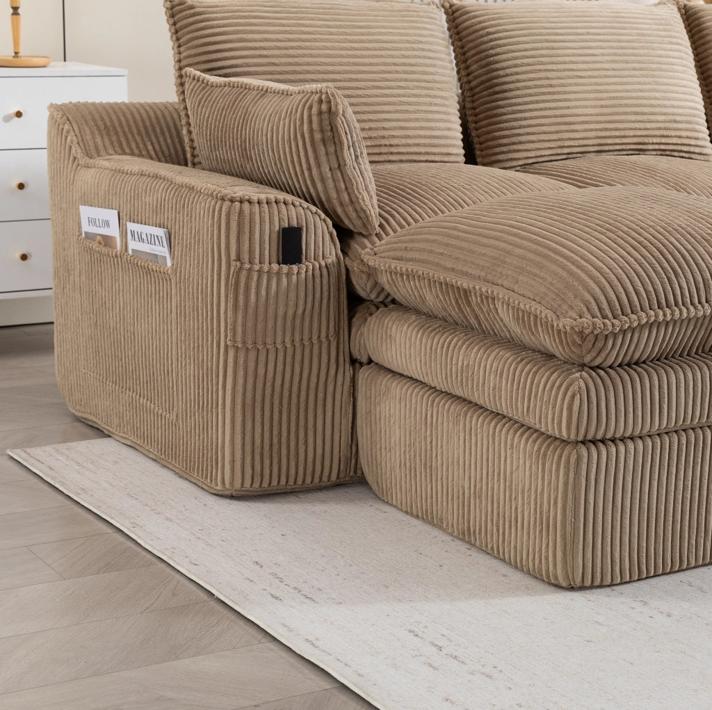 Divano modulare in velluto a coste kaki con pouf e tasche laterali