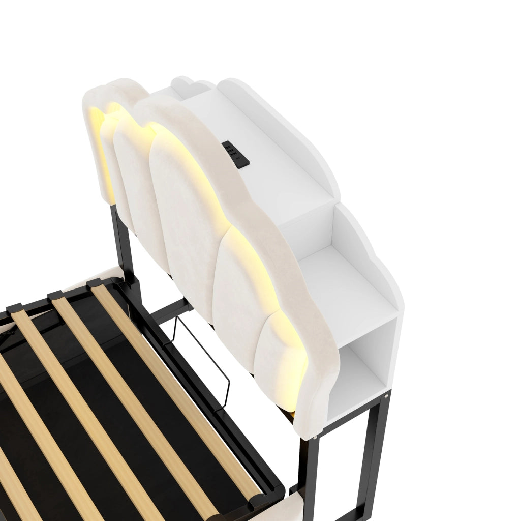 Letto imbottito 90x200 cm con vano contenitore idraulico e LED beige