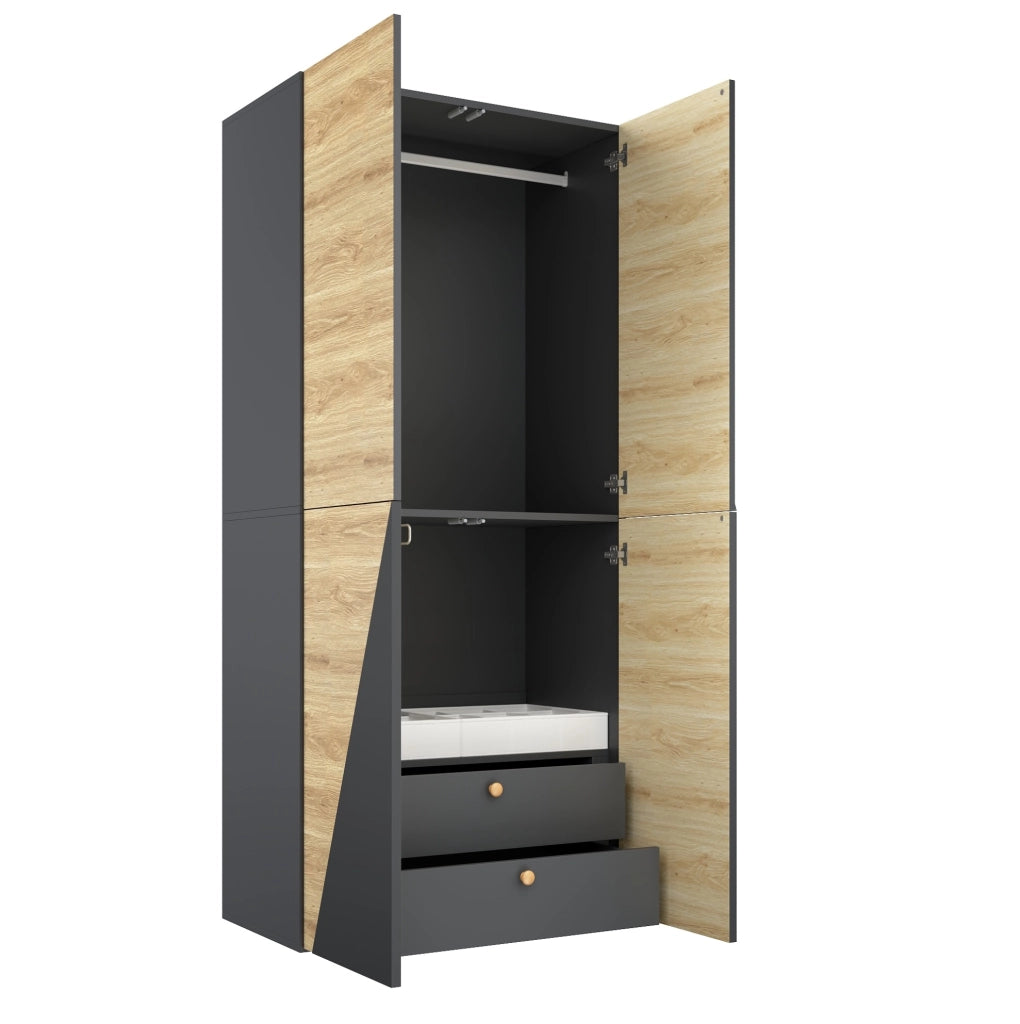Armadio con ante battenti 90x50x200 cm con bastone appendiabiti, portascarpe, 2 cassetti e scatola contenitore, design moderno legno e grigio