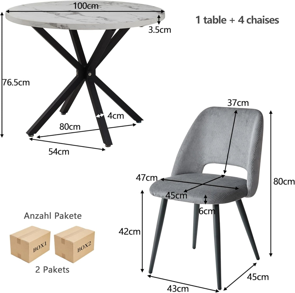GrandCA HOME Set Tavolo e Sedie da Pranzo,Tavolo Rotondo Moderno da 100 Cm,4 Sedia da Pranzo In Velluto a Coste Traforato,adatto Per Cucina, Soggiorno, Caffetteria(Marmo Nero + Grigio)
