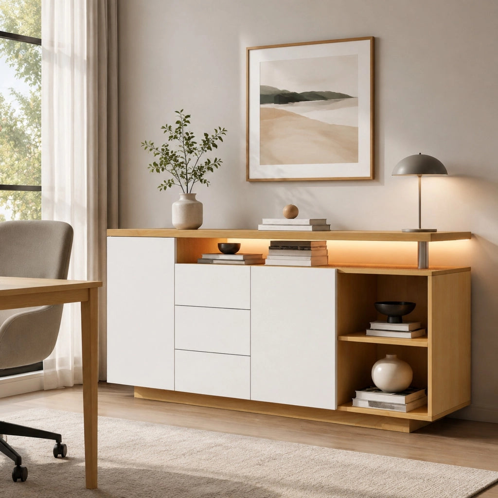Madia 140 cm bianca effetto rovere con LED, 2 ante e 3 cassetti