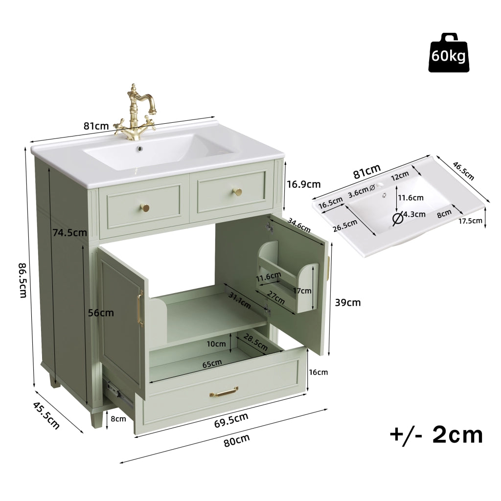 Mobile Sottolavabo con Lavabo in Ceramica ¨C MINIMAL ¨C Cassetto Soft-Close, Verde, 81x45.5x86.5 cm