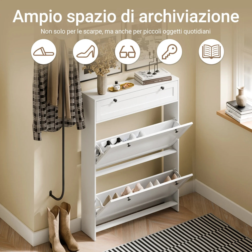 SoBuy FSR207-W, Scarpiera Salvaspazio Slim In Legno, Scarpiera Ingresso Moderna con 2 Ante a Ribalta e 1 Cassetto, Design Compatto per Spazi Ristetti, Facile da Pulire, Bianco, 80x19x107 cm