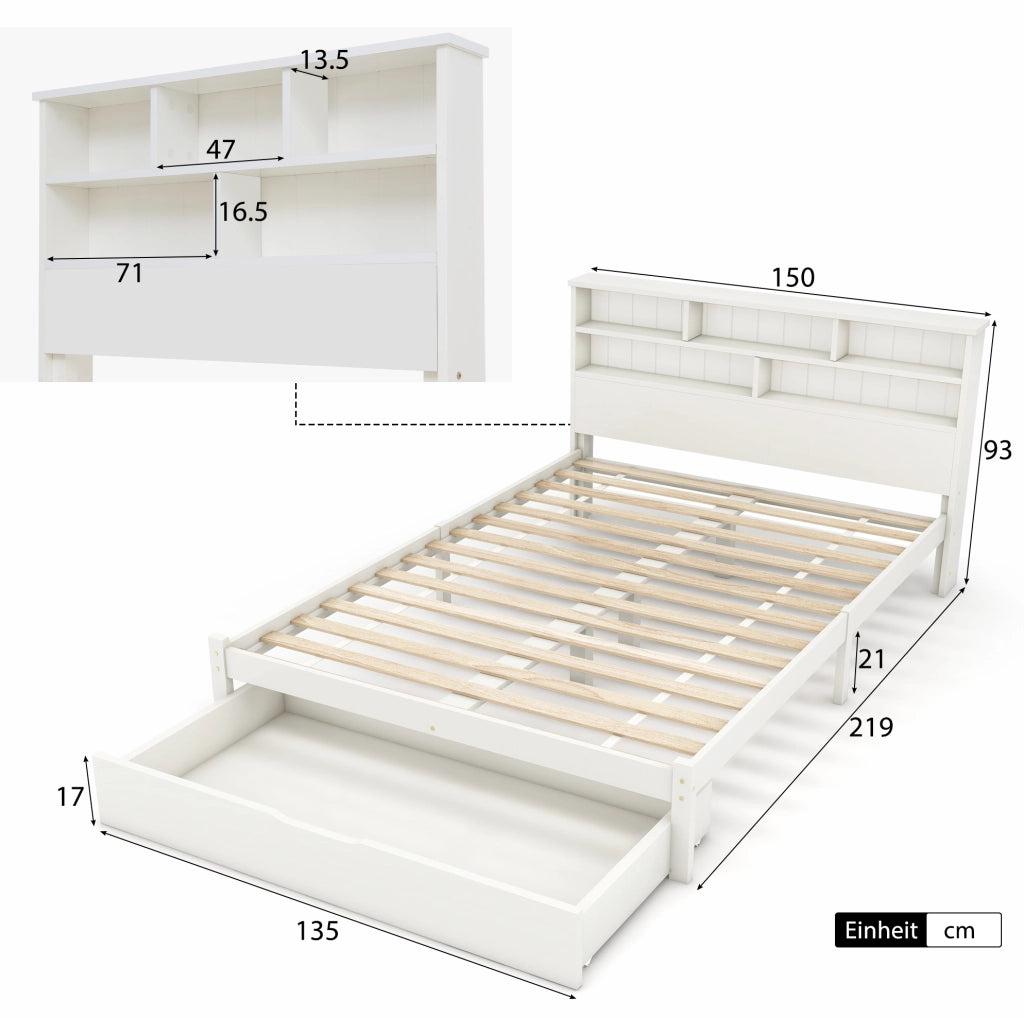 Letto matrimoniale 140x200 cm con testiera libreria e cassetti; bianco
