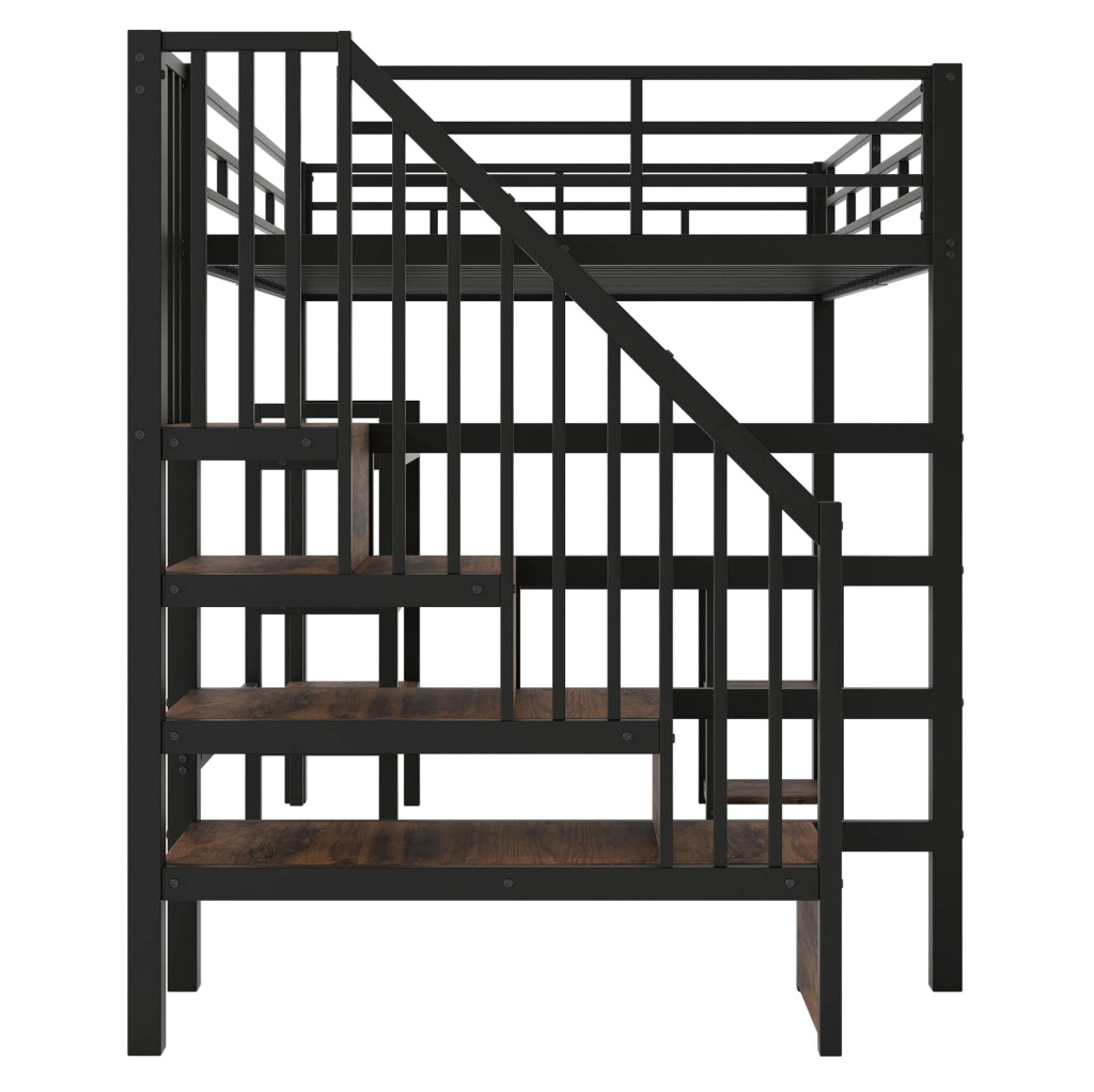 Letto a soppalco matrimoniale 140x200 cm con scrivania; scale contenitore; LED; nero