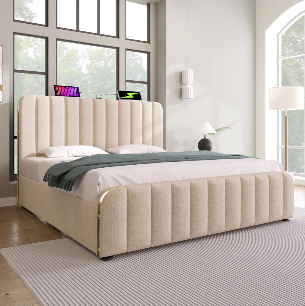 Bettgestell 140x200 cm con contenitore idraulico; USB e Type-C; lino beige