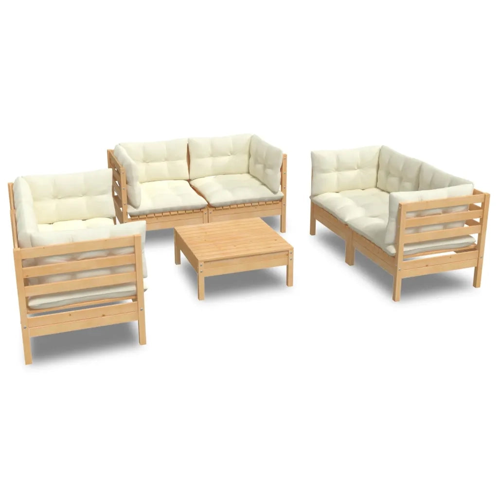 Set Divani da Giardino 7 pz con Cuscini Crema in Massello di Pino 3096250