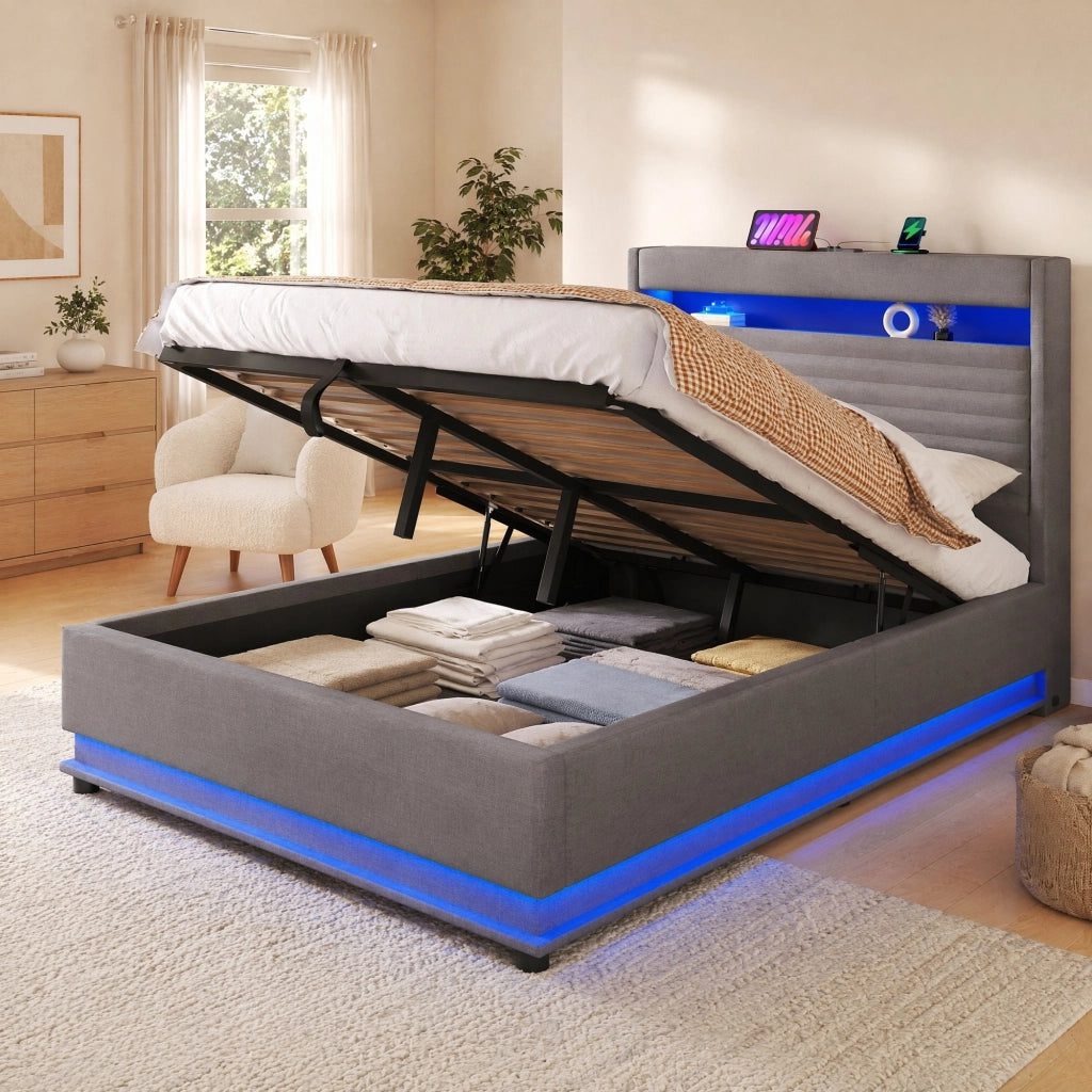 Letto imbottito 140x200 cm con LED, USB-C e vano contenitore