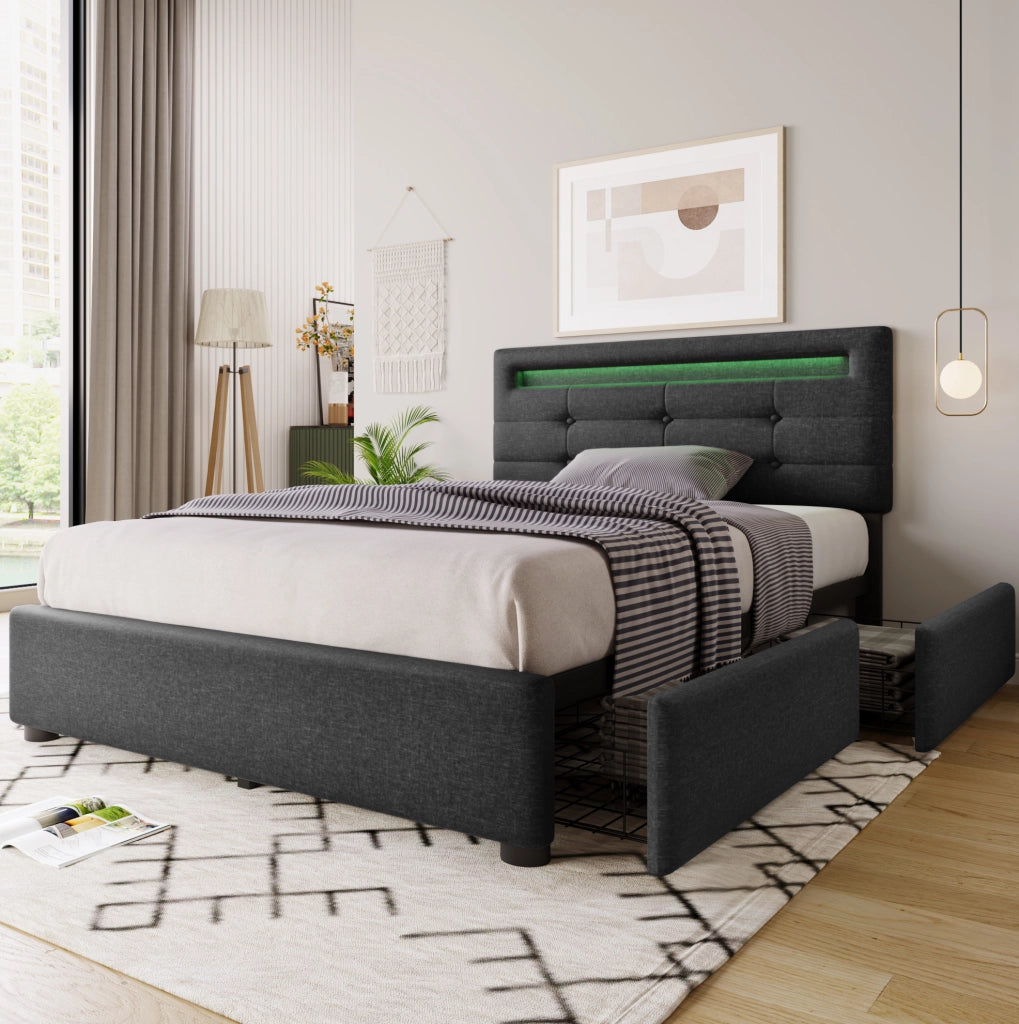 Letto singolo imbottito grigio 90x200 con LED, 2 cassetti e materasso H3