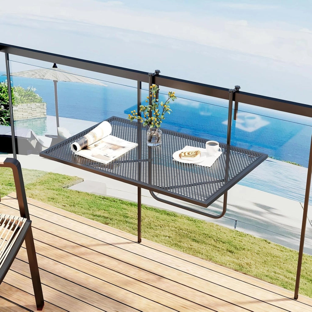 Tavolino da Balcone, Tavolino Sospeso Pieghevole con Struttura in Metallo, Tavolo Salvaspazio da Ringhiera per Patio e Terrazzo, Portata 23 kg, 60,5 x 50,5 x 51 cm