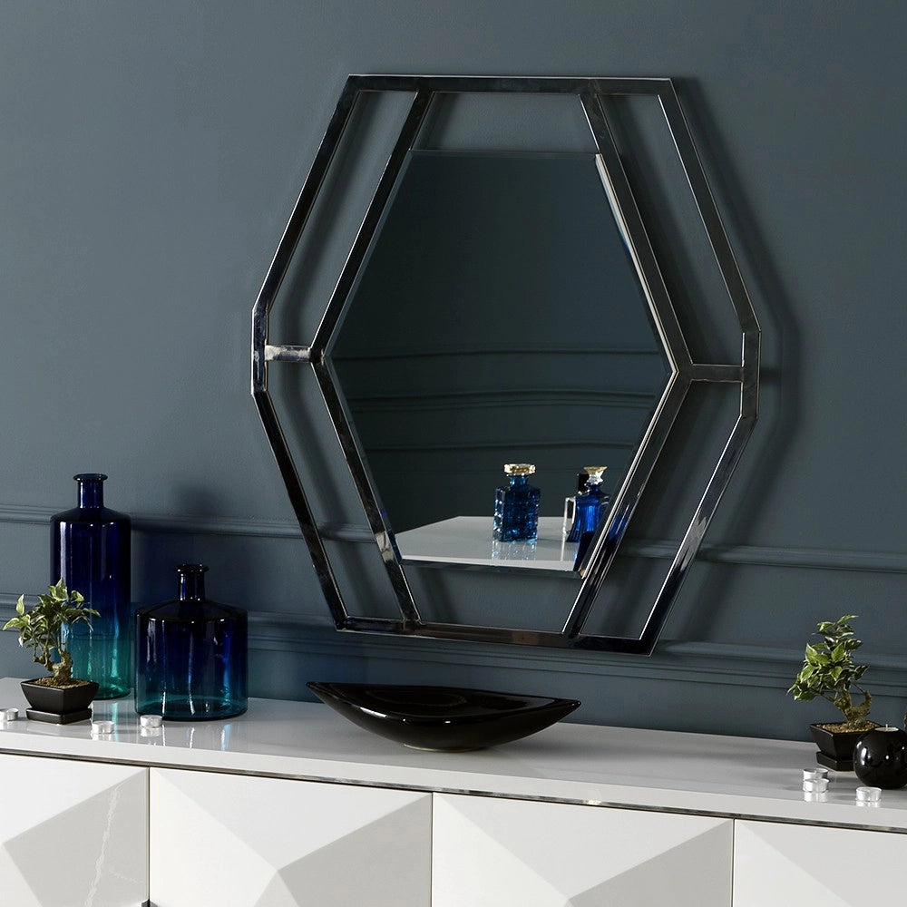 Specchiera esagonale Enzio in metallo cromato – Design moderno ed elegante per soggiorno e zona Living