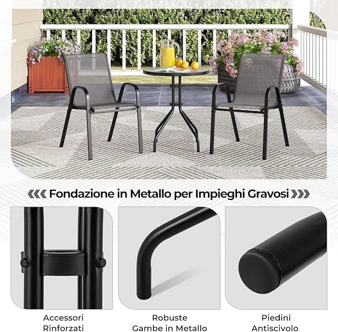Set Mobili da Giardino 3 Pezzi, con Tavolo Rotondo in Vetro Temperato e 2 Sedie in Textilene Traspirante, per Esterno Balcone Giardino (Grigio)