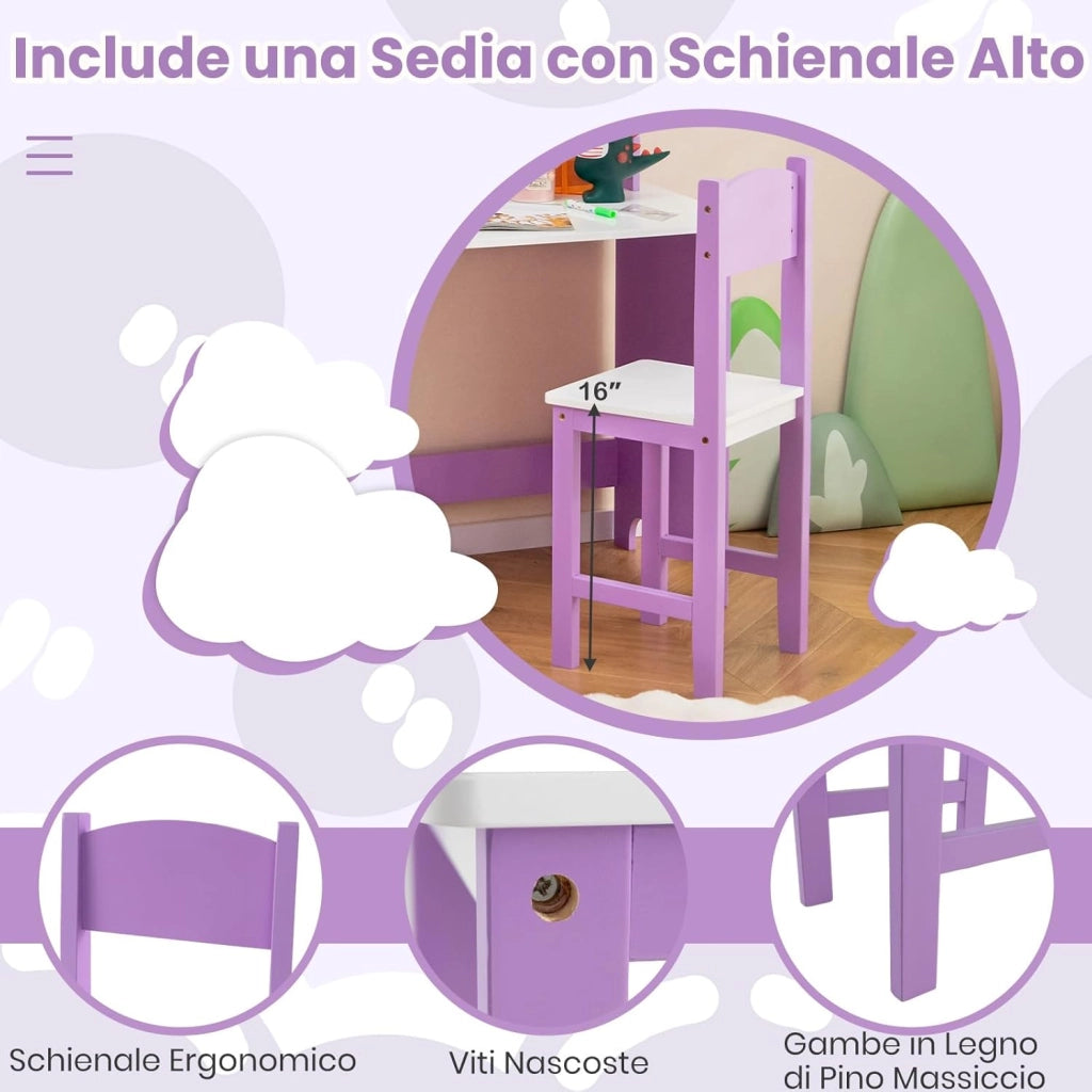 Set Scrivania e Sedia per Bambini per Studio e Lettura, Viola | Banco Scuola con Sedia Ergonomica, Lavagna Bianca, Pennarello, Armadietto e Bacheca, Postazione Computer per Cameretta Studio