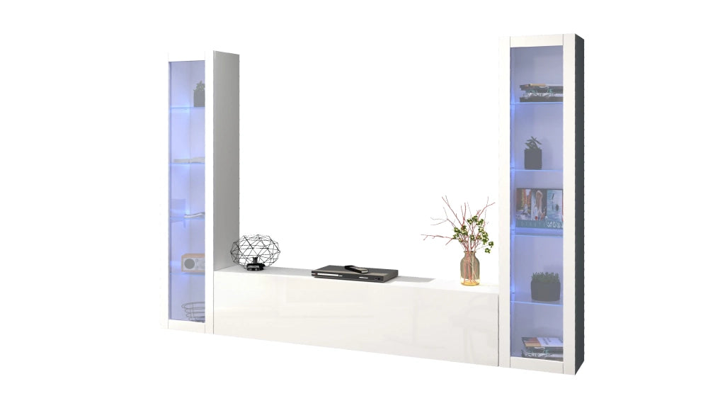 Parete attrezzata sospesa bianca soggiorno mobile TV 2 vetrine Liv WH