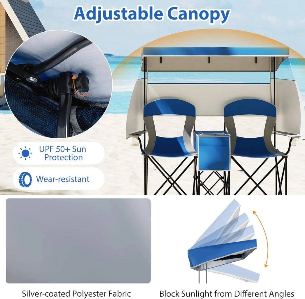 Set di 2 sedie da campeggio pieghevoli con tettuccio parasole, mini tavolo, borsa termica e porta bevande, sedia pieghevole per 2 persone, modello 2 blu scuro