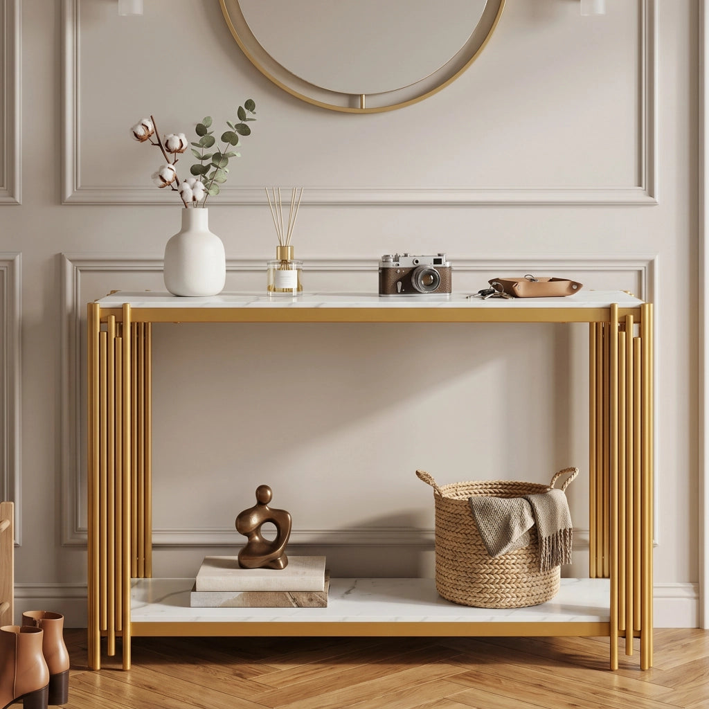 Consolle con 2 ripiani, effetto marmo, in MDF e metallo dorato, per ingresso e soggiorno, 123,5 × 33,5 × 80 cm