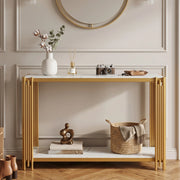 Consolle con 2 ripiani, effetto marmo, in MDF e metallo dorato, per ingresso e soggiorno, 123,5 × 33,5 × 80 cm
