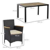 Set Tavolo e Sedie da Giardino 7 Pezzi in PE Rattan e Legno con Cuscini Morbidi, Nero