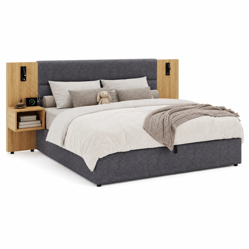 Letto contenitore 180x200 cm in velluto con USB, illuminazione, 2 comodini e rete a doghe