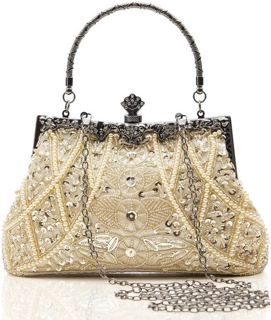 Borsa da sera per donna anni 20 con strass, beige, borsa da gala elegante, accessori di matrimonio (4 pezzi, beige)
