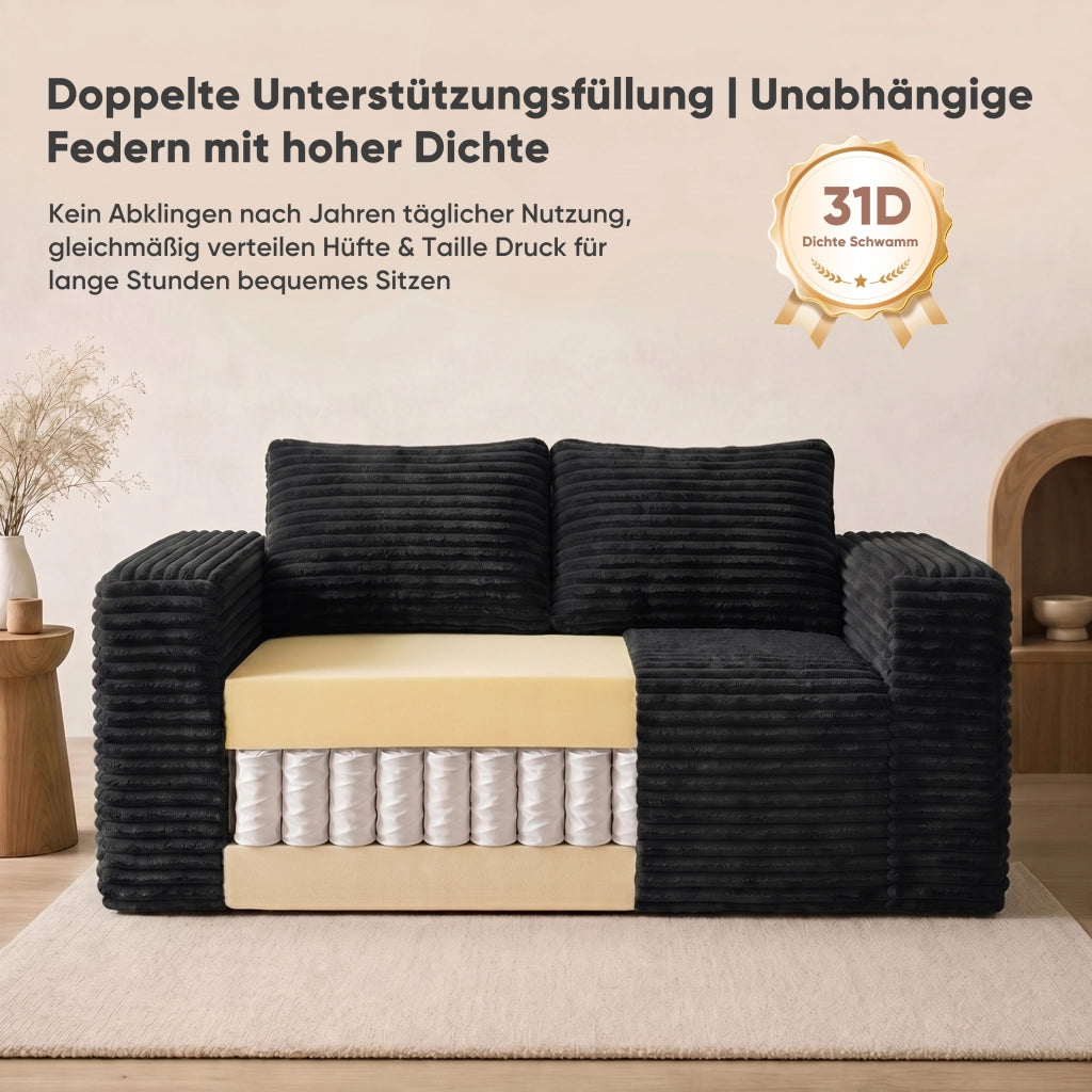 Divano a 2 posti in velluto a coste con schiuma ad alta densità senza montaggio per appartamento nero 105 × 32 × 32 cm