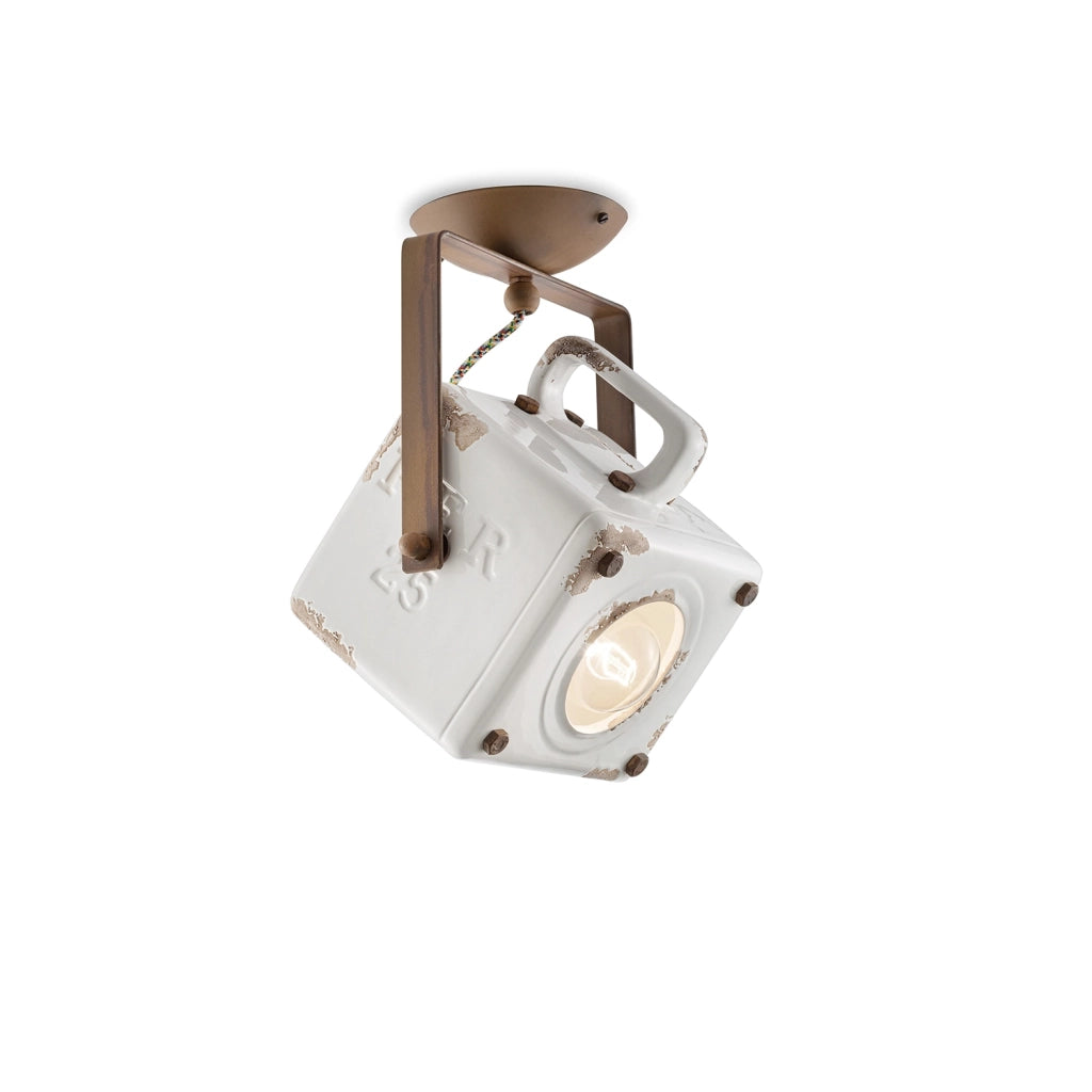 Plafoniera Vintage Industrial Ferro E Ceramica Bianco 1 Luce E27