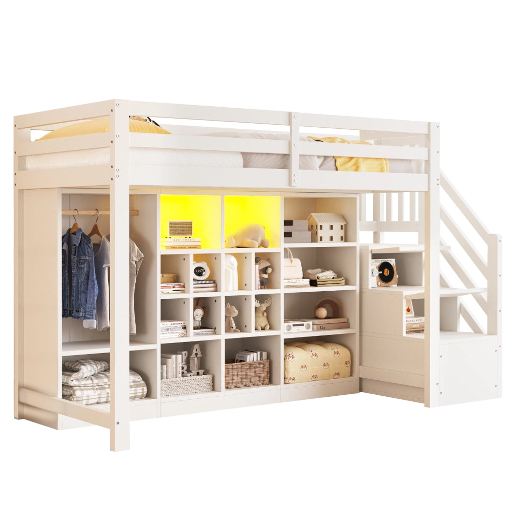 OKWISH Letto a Soppalco Singolo con Contenitore, Scaffali, Armadio e LED, 90 x 200 cm, senza Materasso, Bianco