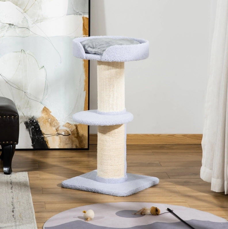 Tiragraffi per gatti azzurro chiaro con sisal, piattaforme e cuscino removibile