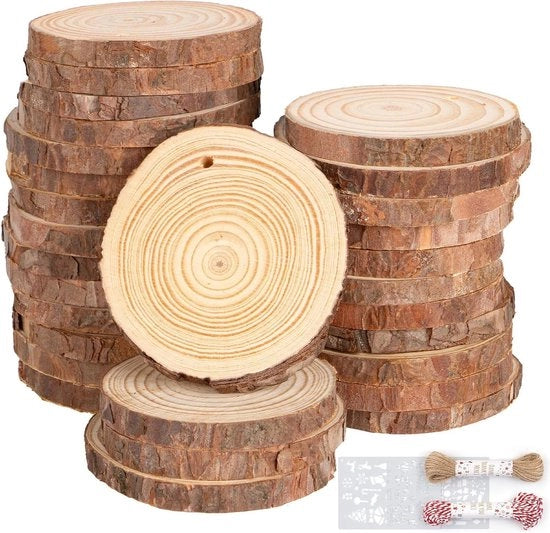 Dischi di legno non lavorati a forma di rondine di legno di bosco - 7-8 cm - ca. 8 mm di spessore - 10 m di corda di canapa - 10 m di corda di cotone - matrici per stampa - fai da te - decorazione natalizia - 48 pezzi - materiali per ricamo