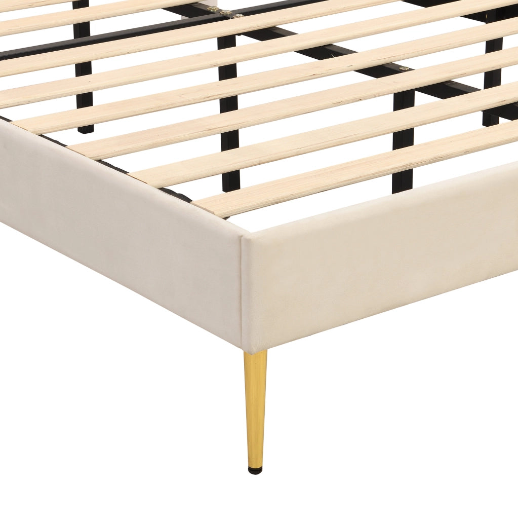 Letto matrimoniale imbottito 140x190 cm in velluto beige con testiera regolabile e rete a doghe