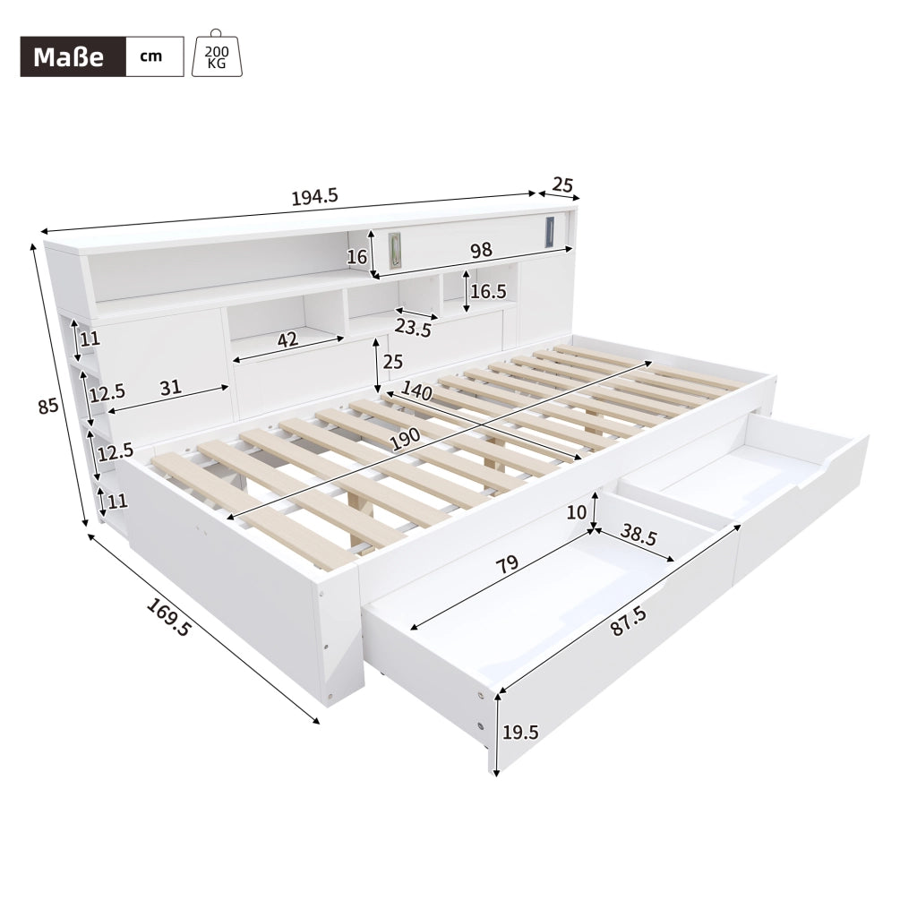 Letto singolo 140x190 cm bianco in MDF; con cassetti e armadi