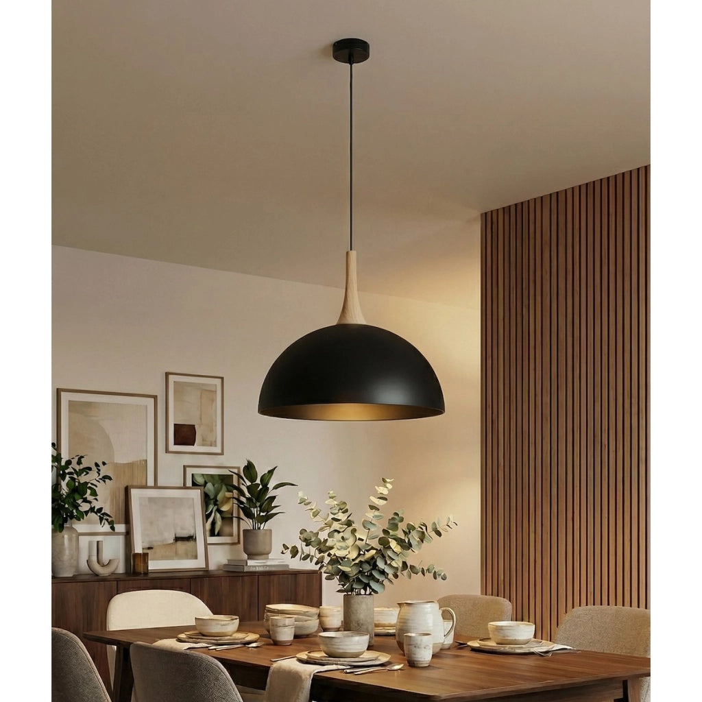 Lampada a sospensione Nautica in acciaio nero e legno
