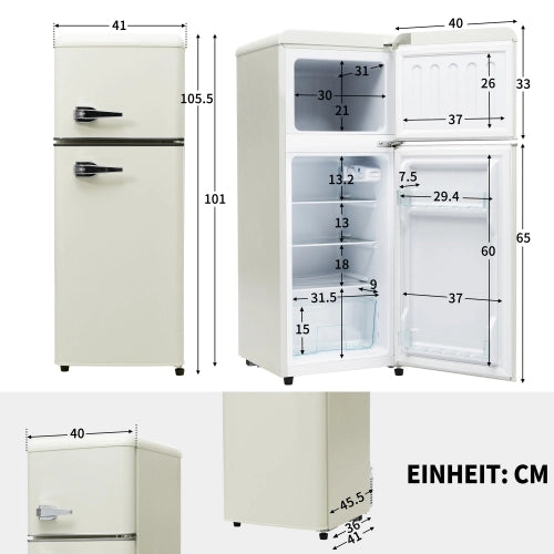 Frigorifero retrò; frigorifero-freezer combo; volume totale 92L; congelatore 28L; mensole per porte; mensole in vetro; luce LED; efficiente energetico; bianco antico