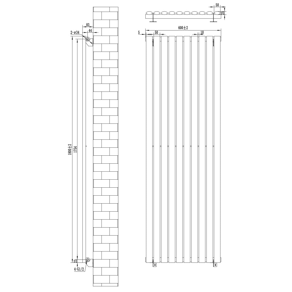 Radiatore Verticale Ovale 1800x600mm Nero con Valvole TRV