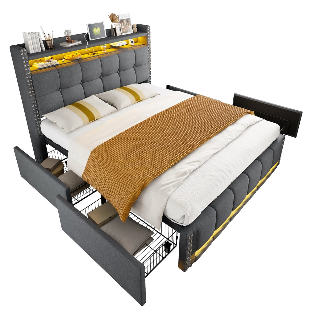 Letto matrimoniale 140x200 cm con LED; porta USB e contenitore; tessuto di lino grigio