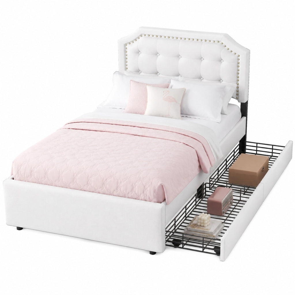 Letto imbottito 90x200 cm con 2 cassetti; testiera regolabile; in MDF e lino; beige chiaro