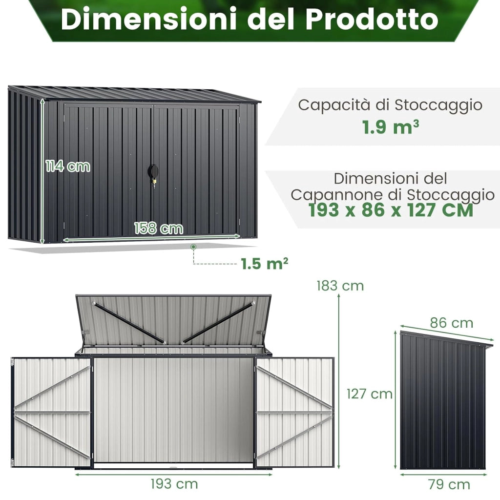Copribidone Spazzatura Esterno Doppio, Casetta Porta Attrezzi da Giardino in Metallo Zincato con Porta Bloccabile, Tetto Apribile e Struttura a Scatto