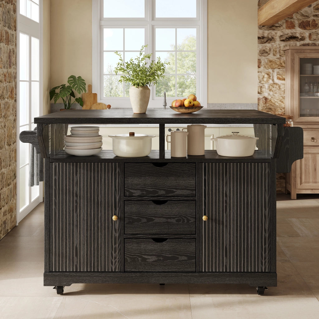 Carrello da cucina con 3 cassetti e ripiani regolabili; 2 allunghe pieghevoli; per cucina e sala da pranzo; in MDF e metallo; nero