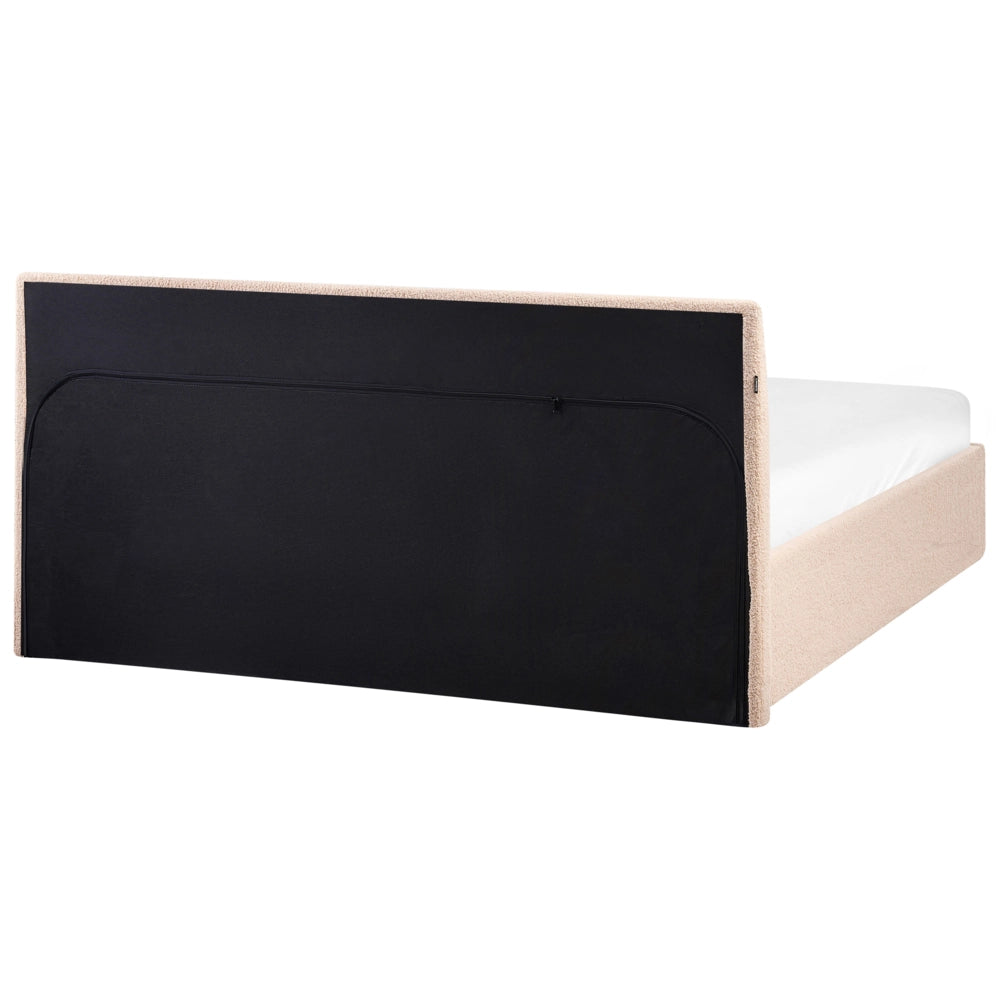 Letto imbottito in bouclé beige 140 x 200 cm con contenitore per testata elevabile