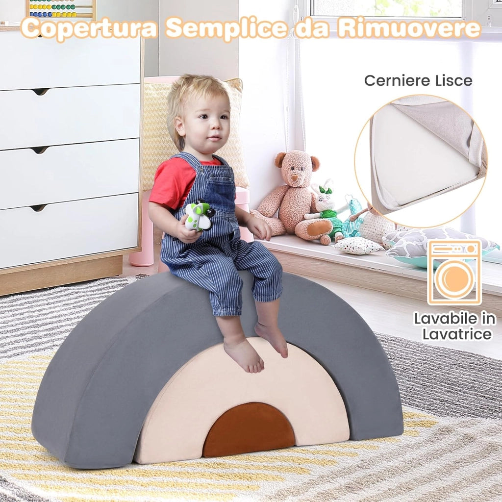 Set di 3 Pezzi Giocattoli per Arrampicata per Bambini, Tunnel Gioco in Schiuma, Divano Arcobaleno per Bambini, Area di Gioco per Stanza dei Giocattoli Camera da Letto (Grigio)