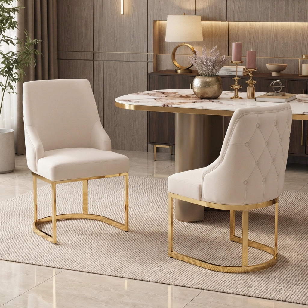 Set di 2 sedie in velluto 81.99x54.0x53.49 cm con schienale trapuntato; metallo beige e oro
