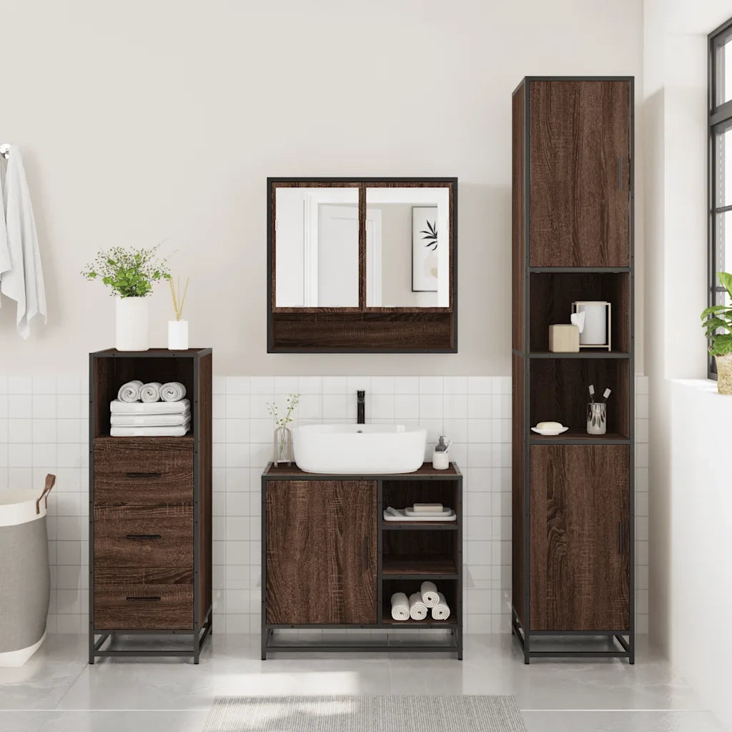 Set Mobili da Bagno 3 pz Rovere Marrone in Legno Multistrato