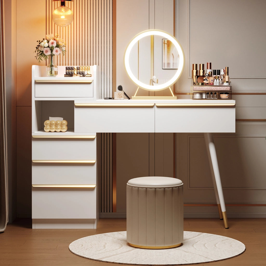 Toeletta con piano estraibile, 6 cassetti, specchio LED dimmerabile e finitura bianca