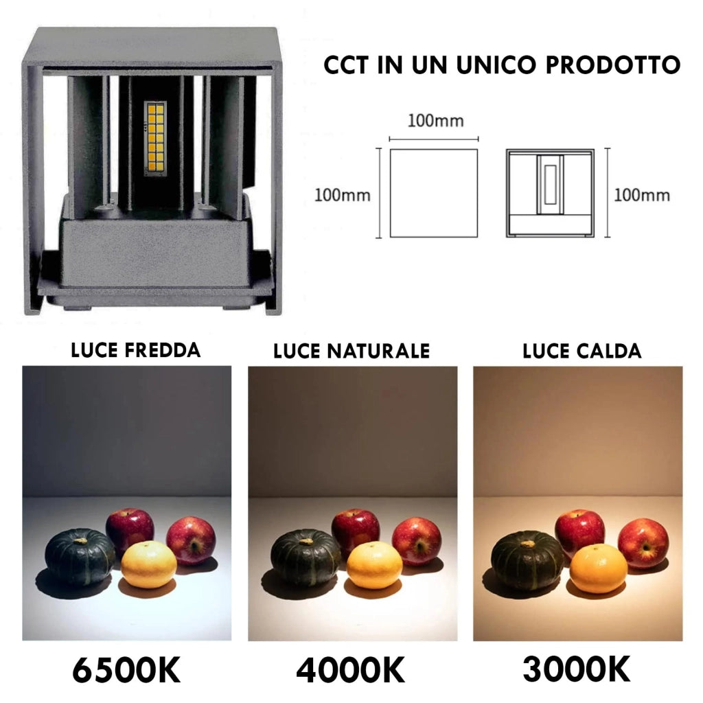 Applique cubo IP65 LED 12W CCT da 3000K a 6500K lampada parete moderna doppio fascio luminoso luce facciata giardino terrazzo GRIGIO