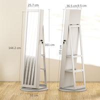 Specchio Portagioie 3 in 1 Girevole a 360° e Autoportante 55x55x161 cm in MDF Bianco