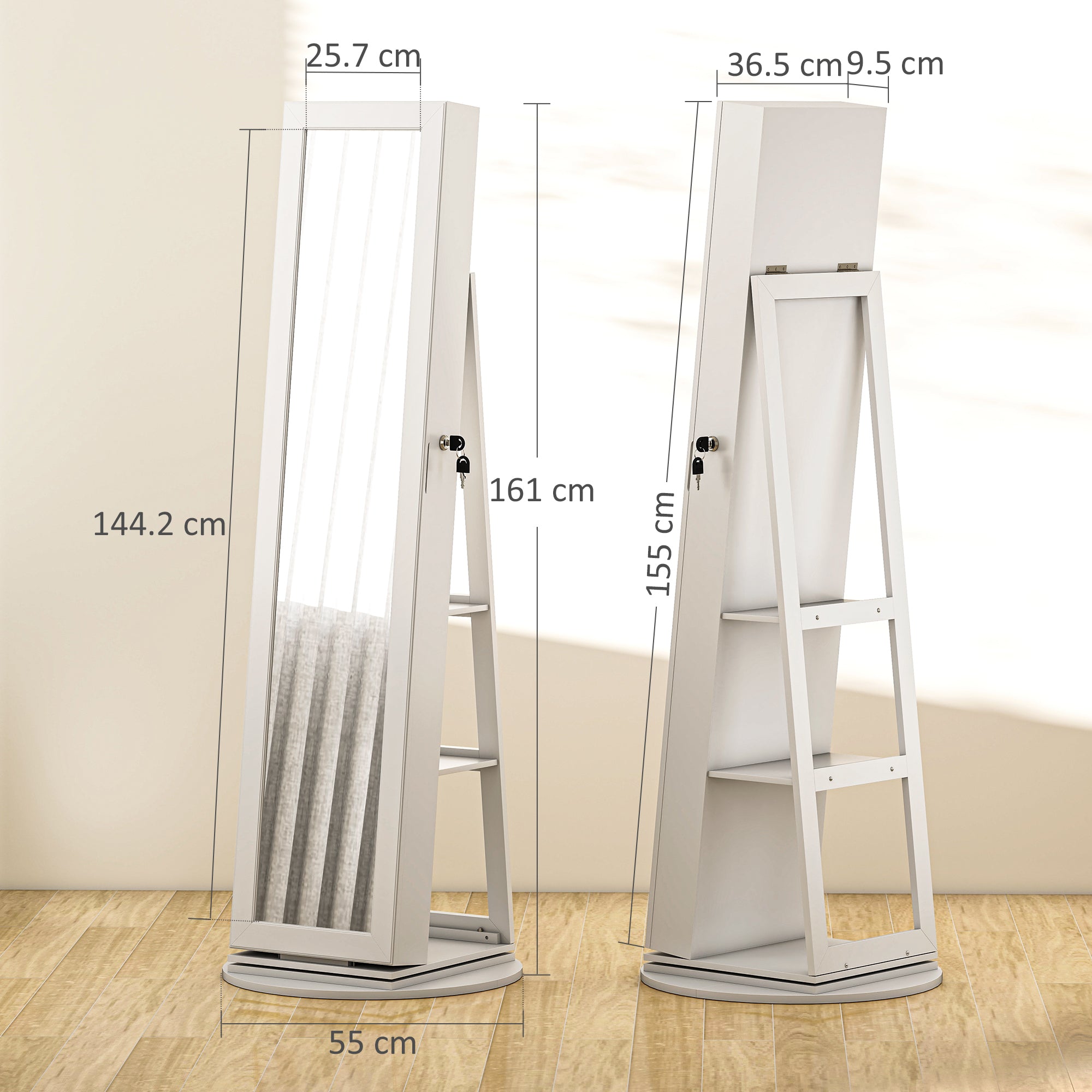 Specchio Portagioie 3 in 1 Girevole a 360° e Autoportante 55x55x161 cm in MDF Bianco